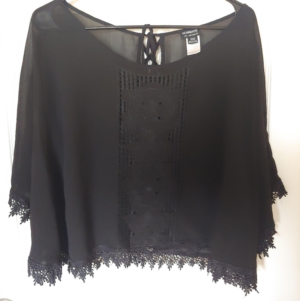 Black See-Through Top with Embroidery Detail